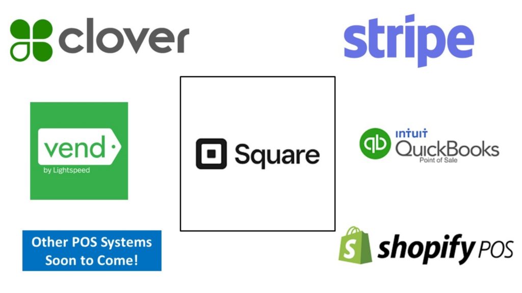 Square, Clover, Stripe, Vend, QuickBooks, Shopify POS